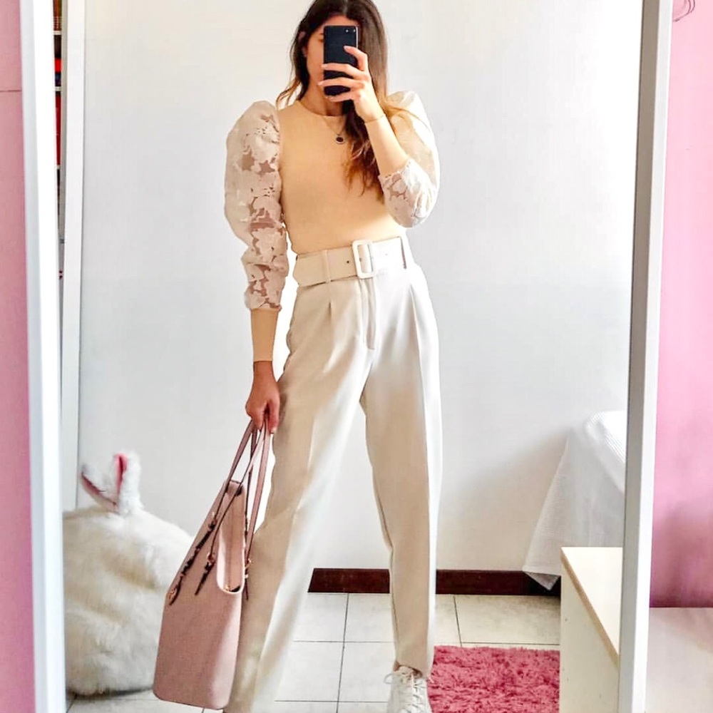 NWOT Zara High Waisted Belted Cream White Pants - Picture 7 of 11